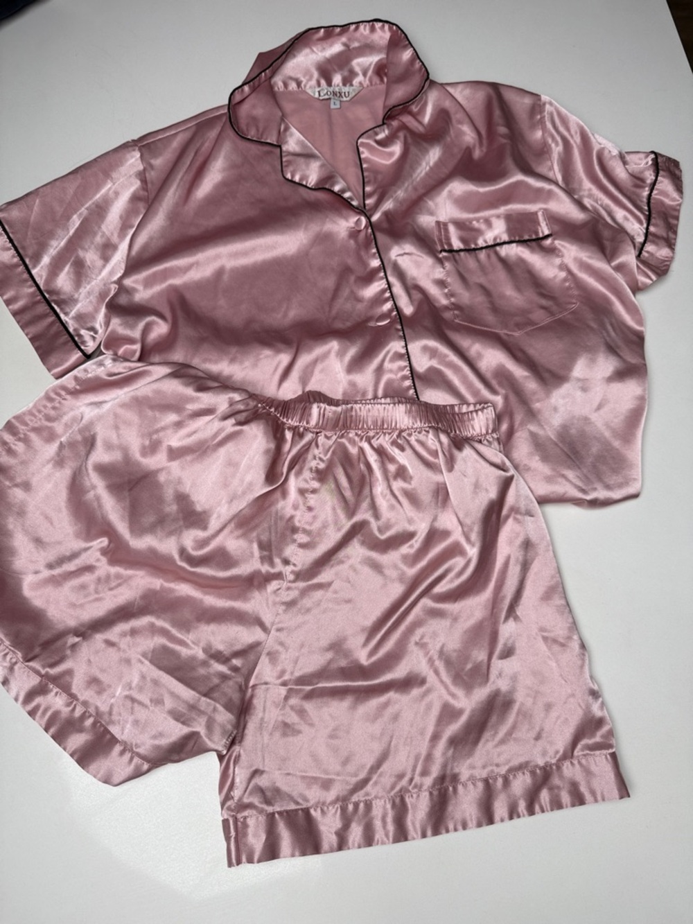 Silky Rose Satin Short Pajama Set with Contrast Piping